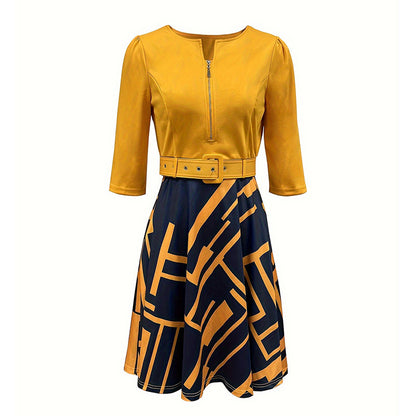 Women's Geometric Print A-Line Midi Dress Semi-Zip Neck Long Sleeve Dress With Belt Spring Summer Fashion Dress
