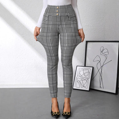 Women's Check Print Button Embellished High-waist Slim-fit Knit Pants