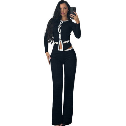 Women's Round Neck Button Contrast Color Suit