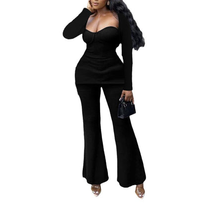 Backless Top And Long Pants Two-piece Solid Color Set