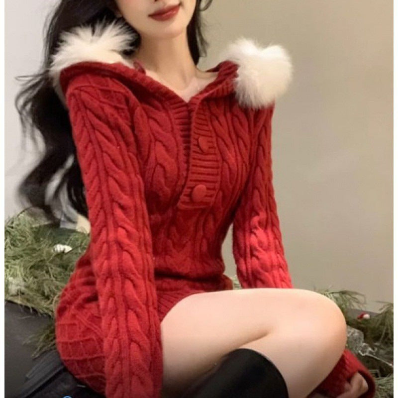 Fur-collar Bodycon Dress New Slim And Slimming