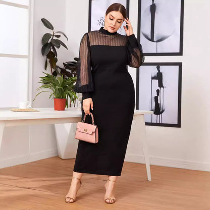 Commuting Mesh Spliced Semi-high Neck See-through Bodycon Long Dress