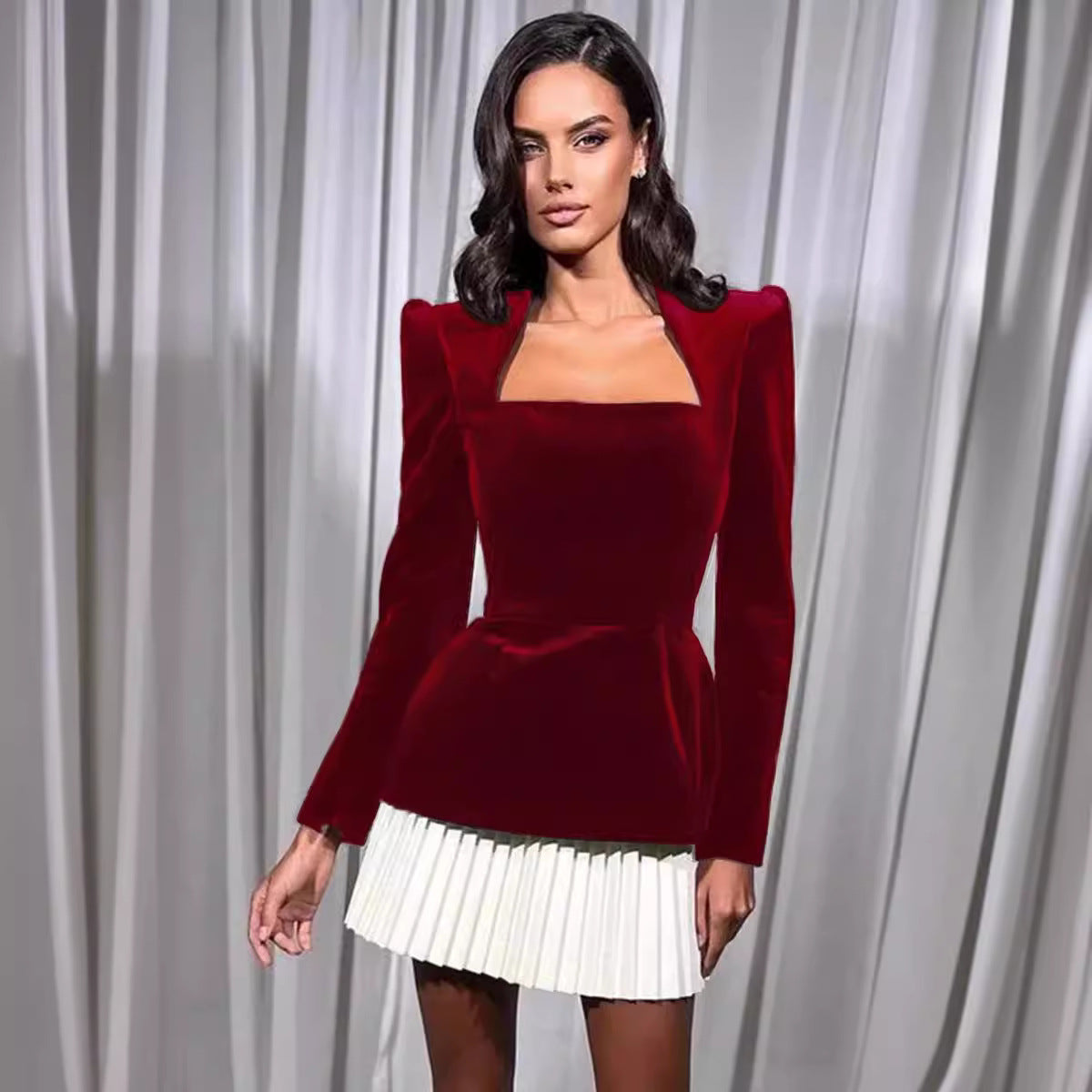 Long-sleeve Color-blocked Pleated Hem Velvet Mini Skirt