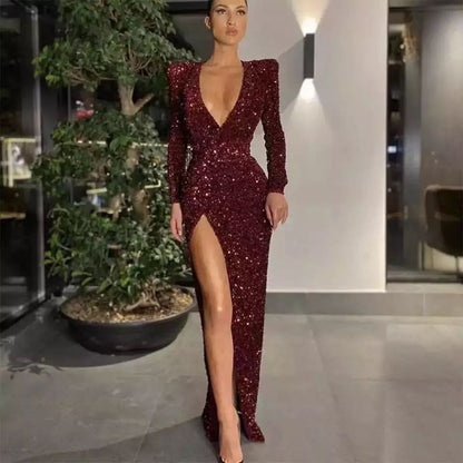 Women's Sexy Deep V Long Sleeve Slim-fit Sequined Dress