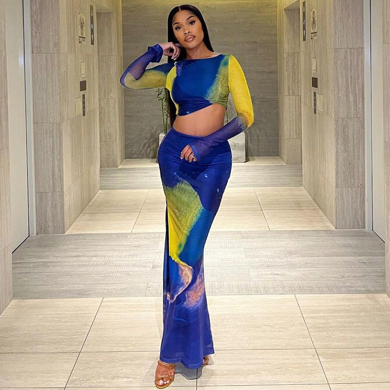 Printed Tight Skirt Suit Bell Sleeve Pleated Short Top