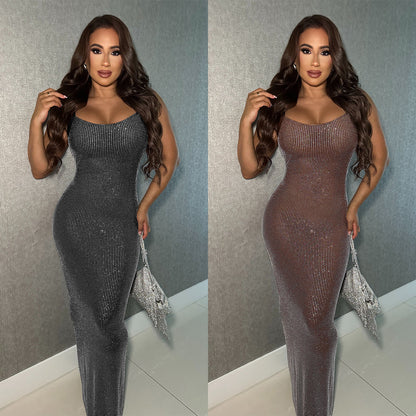Wear Sexy Mesh Hot Drilling Arm Covering Backless Dress