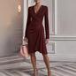 Solid Color Slim-fit Long Sleeve V-pleated Design Dress