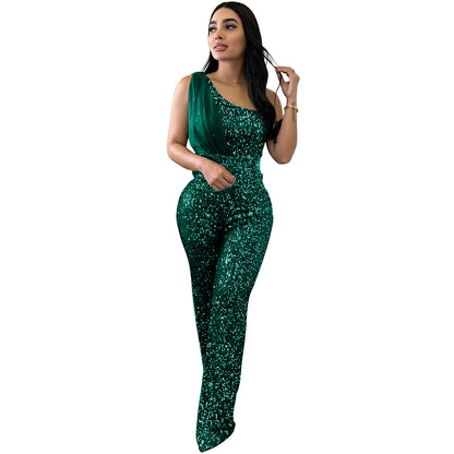 Women's Solid Color Sleeveless One-shoulder Sequined Trousers Jumpsuit