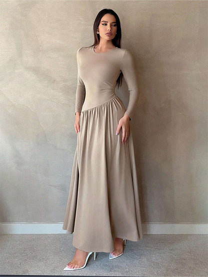 Base Pleated Solid Color Long Dress