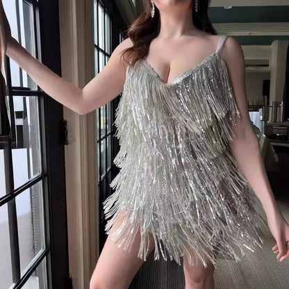 Sheath Sleeveless Sexy Suspenders Sequined Glitter Tassel Dress