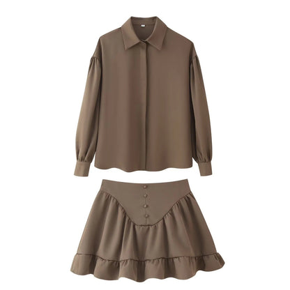 Elegant Lapel Style Button Up Shirt With Ruffle Hem And Matching Skirt Set