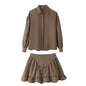 Elegant Lapel Style Button Up Shirt With Ruffle Hem And Matching Skirt Set