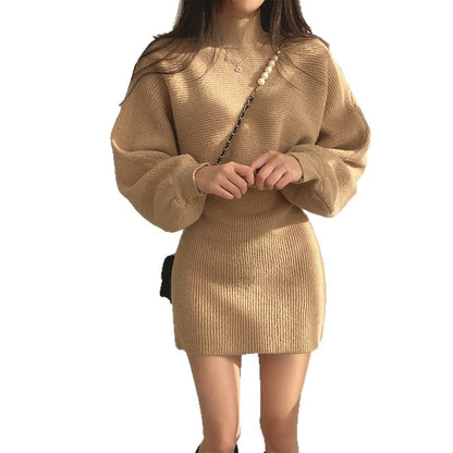 Lantern-sleeve Knitted Sweater Cropped Versatile Dress Set For Women