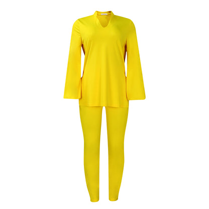 Solid Color Plus Size V-neck Long Sleeve Top Pants Suit