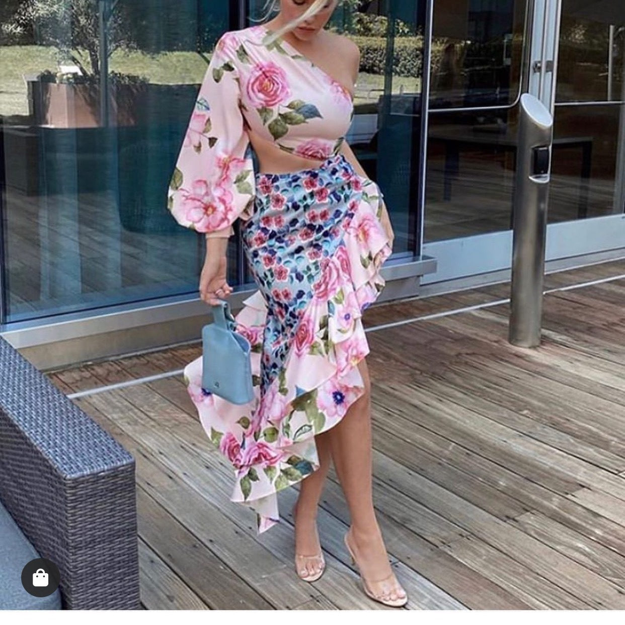 Women's Long Dress Asymmetric Tube Top Single Sleeve Waist-tight Floral Stitching