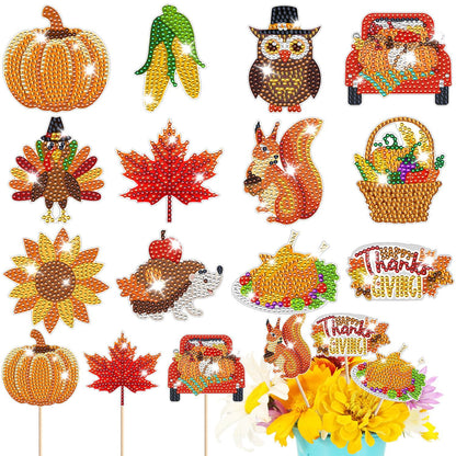 12 Packs Rhinestones Painting Art Kit Fall Pumpkin Turkey Maple Corn Design Decorative Stakes For Vase DIY 5D Rhinestones Art Craft Ornaments With Glue And Suction Cup For Thanksgiving Harvest Decor