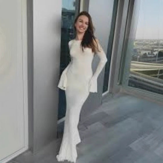 Crew-neck Flared-sleeve Tie-detail Pure Yet Seductive Long-sleeve Dress