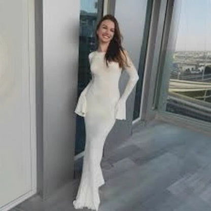 Crew-neck Flared-sleeve Tie-detail Pure Yet Seductive Long-sleeve Dress