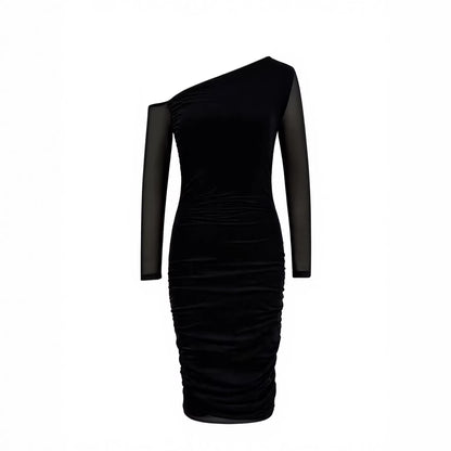 One-Shoulder Mesh Long-Sleeve Pleated Bodycon Dress