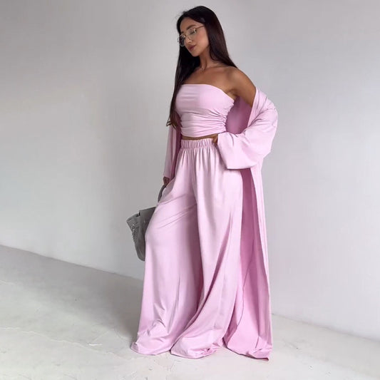 Casual Loose Cardigan Straight-leg Pants Tube Top Suit