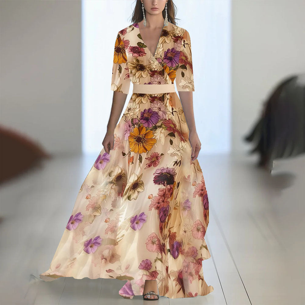 Printed Long Sleeved V-neck Patchwork Dress