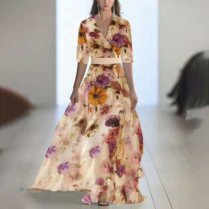 Printed Long Sleeved V-neck Patchwork Dress