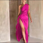 Sexy One-shoulder Backless Slit Dress Summer Elegant Slim-fit Solid Color Satin Dresses For Women
