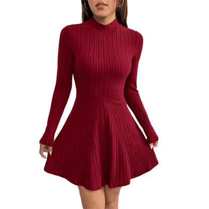 Autumn And Winter New European And American Women's Slim-fit Semi-high Neck Waist-cinching A-line Dress Long Sleeve Ribbed Dress