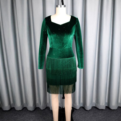 Retro Dark Green Velvet Tassel Long-Sleeve Sequin Waist-Cinched Party Dress