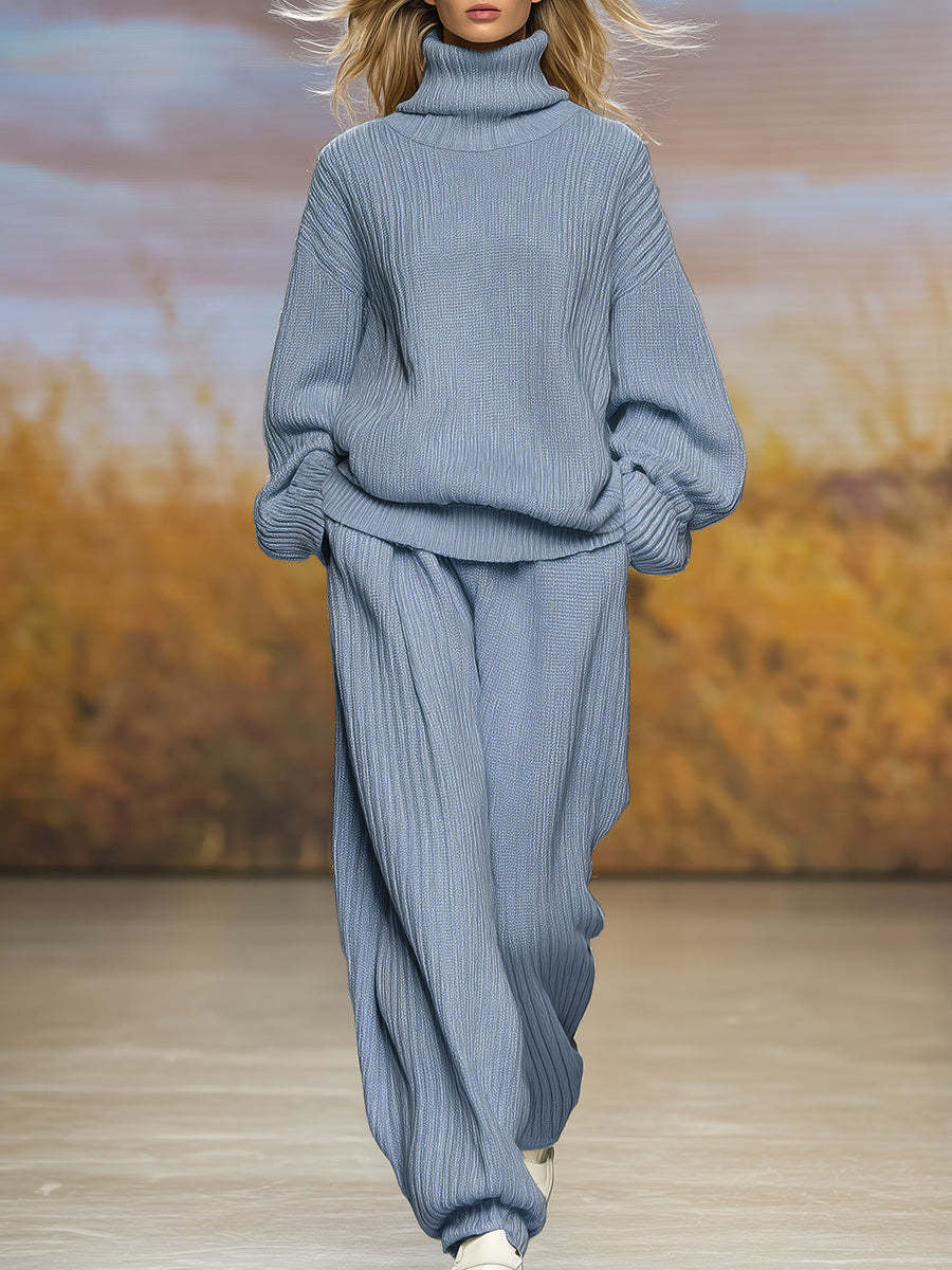 Knitted Loose Fitting Turtleneck And Wide Leg Pants Set