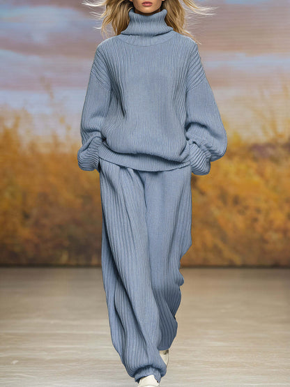 Knitted Loose Fitting Turtleneck And Wide Leg Pants Set
