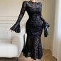 Flocked Mesh Trumpet-sleeve Mermaid Skirt