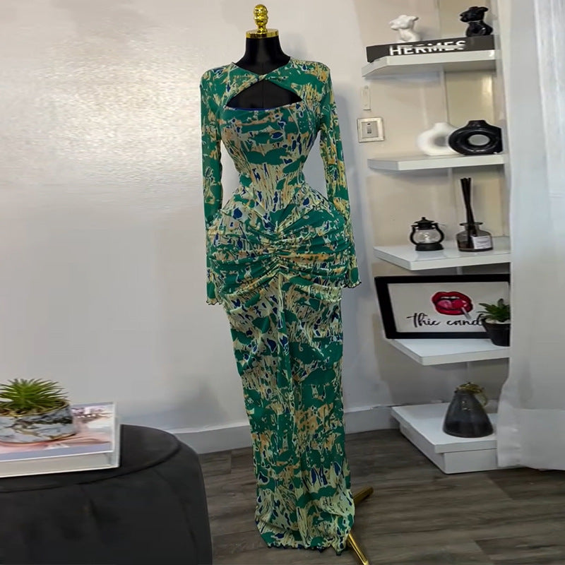 Printed Long Sleeve Hollow-out Pleated High Waist Sexy Vacation Dress Long Dress