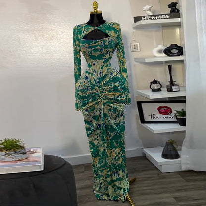 Printed Long Sleeve Hollow-out Pleated High Waist Sexy Vacation Dress Long Dress