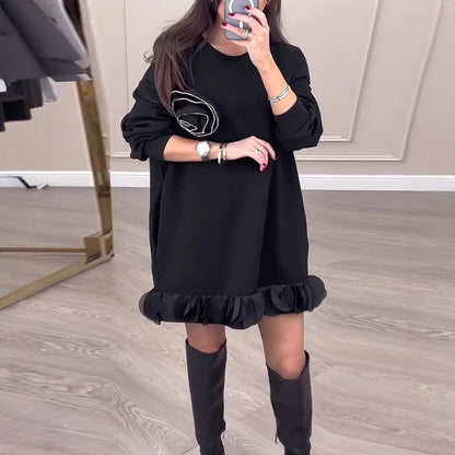 Floral Beaded Peplum Spliced Loose Sweater Dress