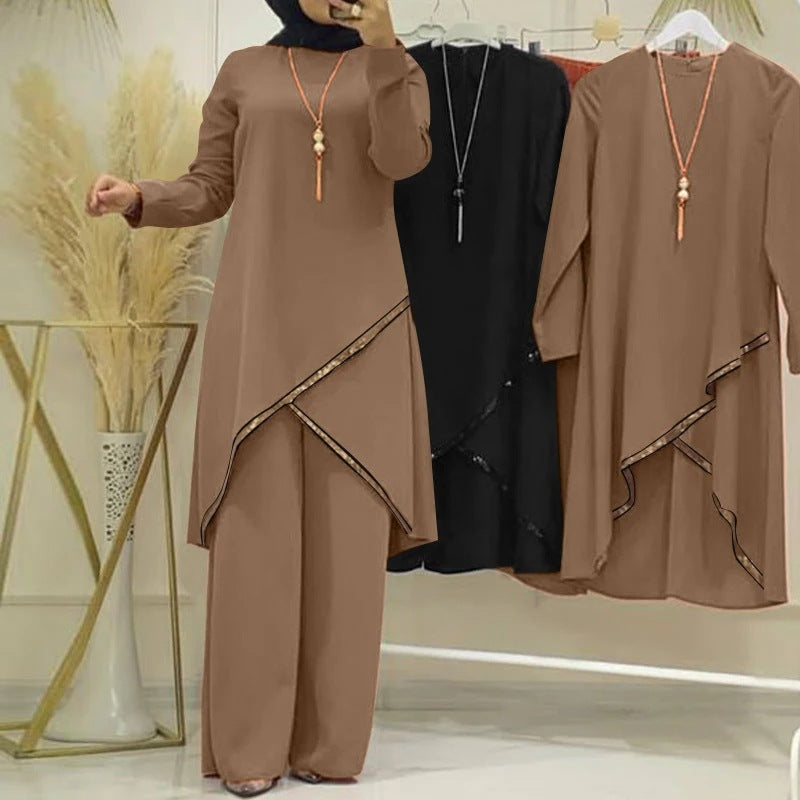 O-collar Long Sleeve Shirt Wide Leg Pants Suit Casual Women's Suit