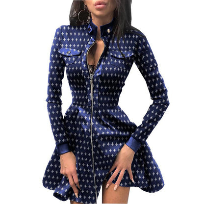 Women's PU Leather Mini Dress - Long Sleeve V-Neck Zipper Party Dress