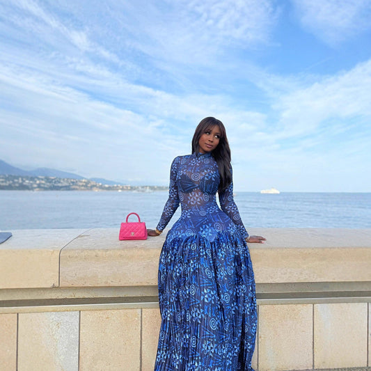 Womens Printed High-Neck, Defined-Waist, Long-Sleeve, Flared Hem SpringAutumn Dress