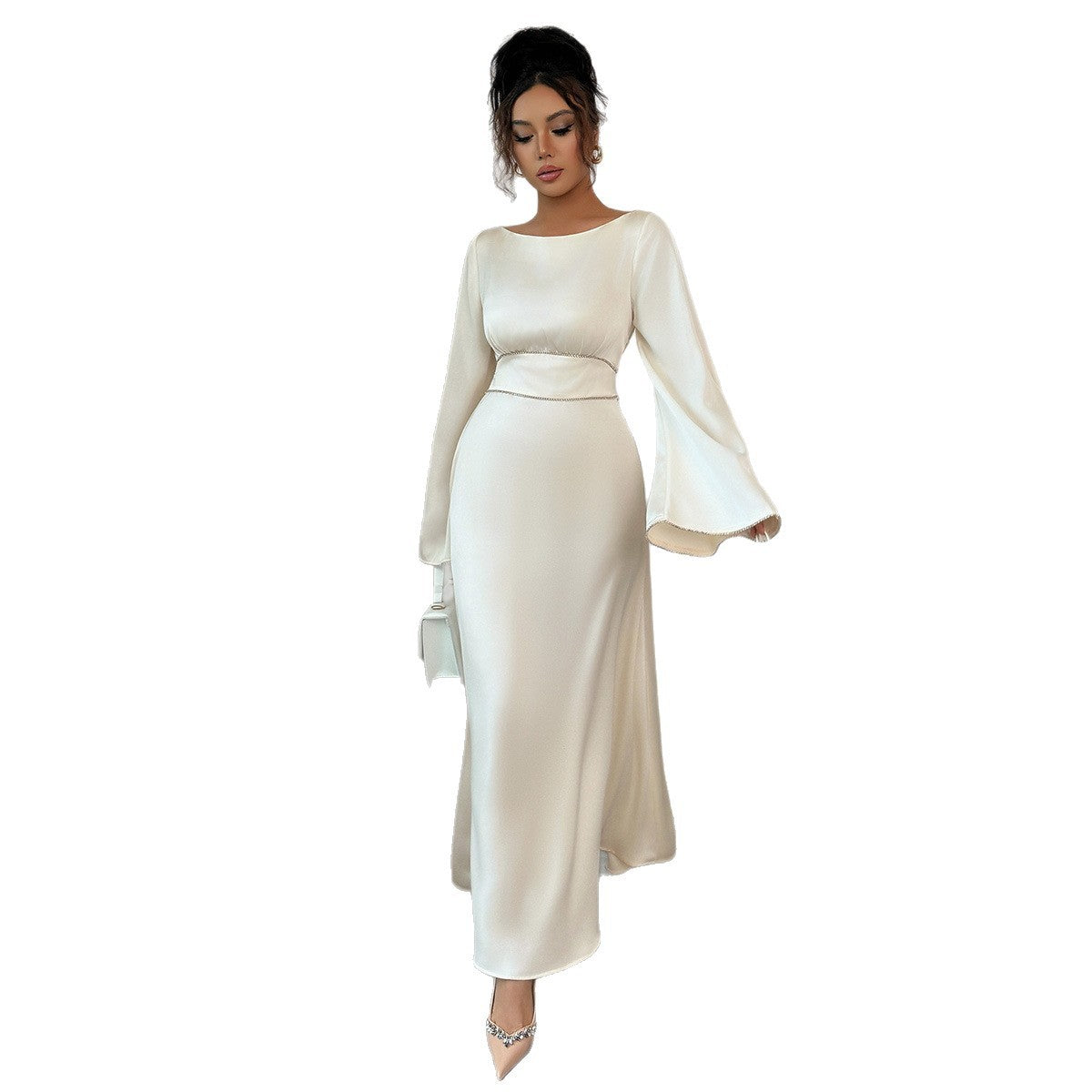 Elegant Graceful Style Waist Solid Color Long Sleeve Dress