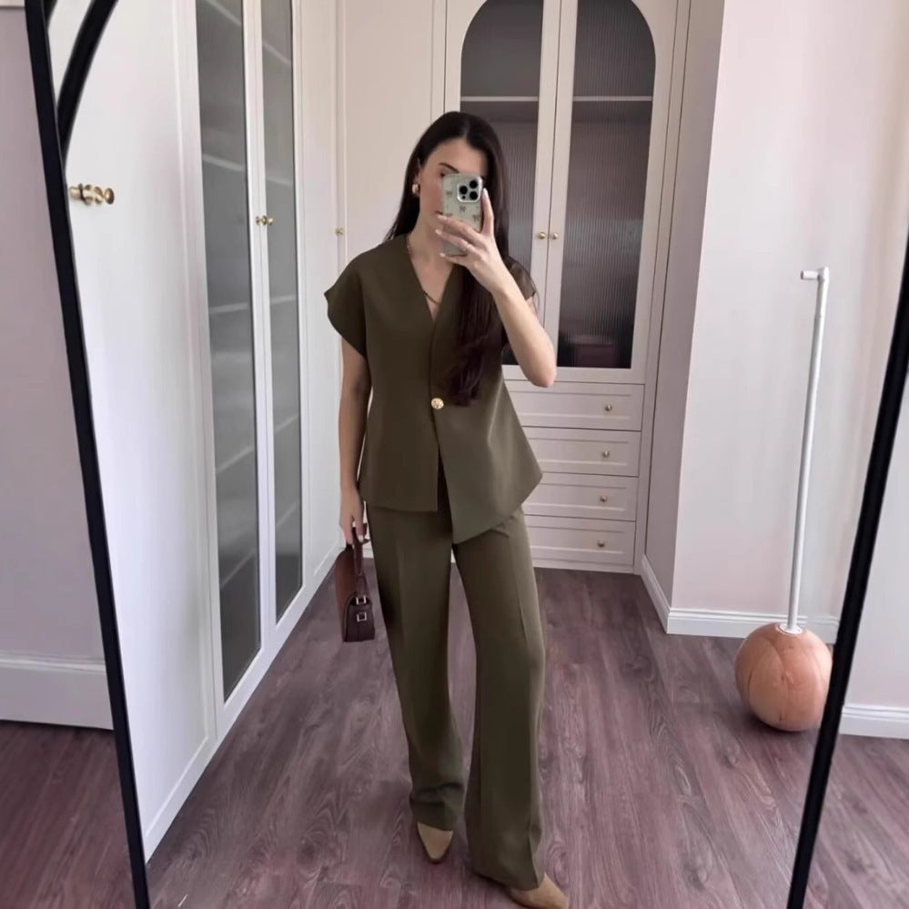 European And American Women's Clothing Button Top Wide Leg Pants Suit