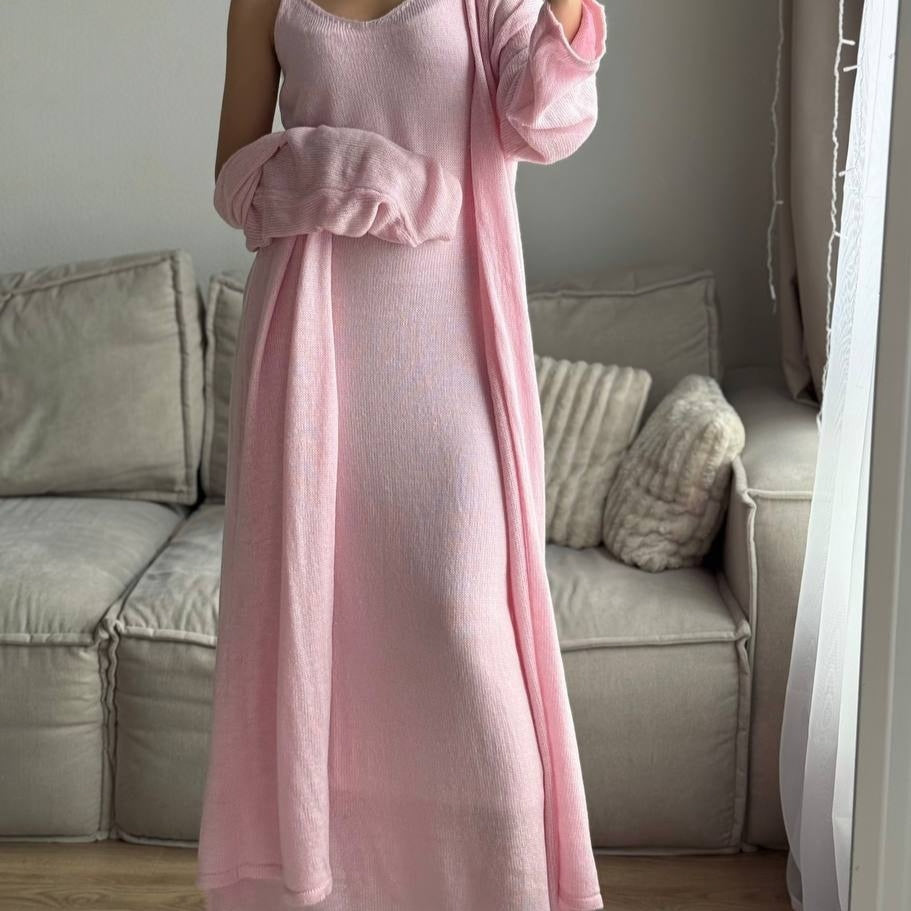 Loose Women's Casual Suits Long Sleeve Cardigan And Camisole Dress