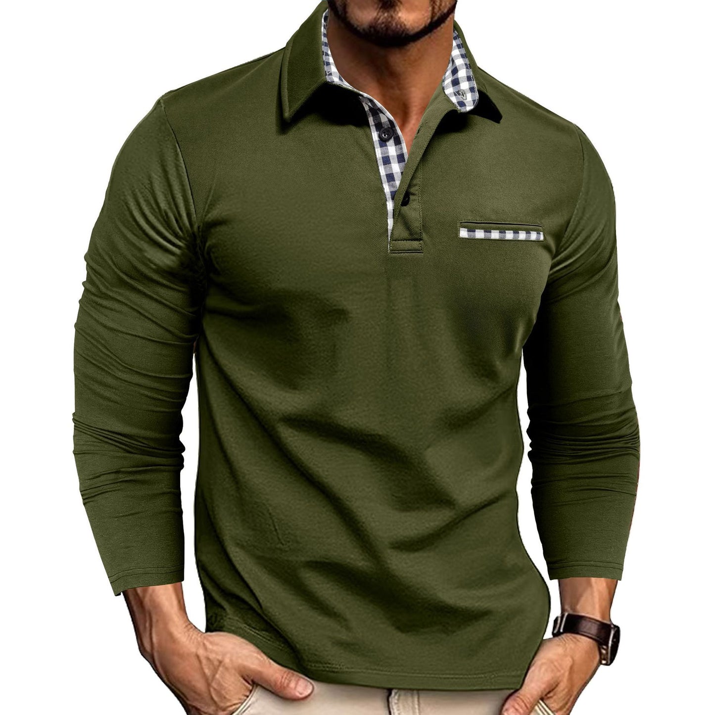 Casual Plaid Splicing Lapel Polo Shirt Fashion Solid Color Long Sleeve Top Men's Clothing