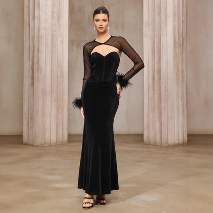 Semi-transparent Mesh Top Velvet Tube Top Dress Two-piece Set