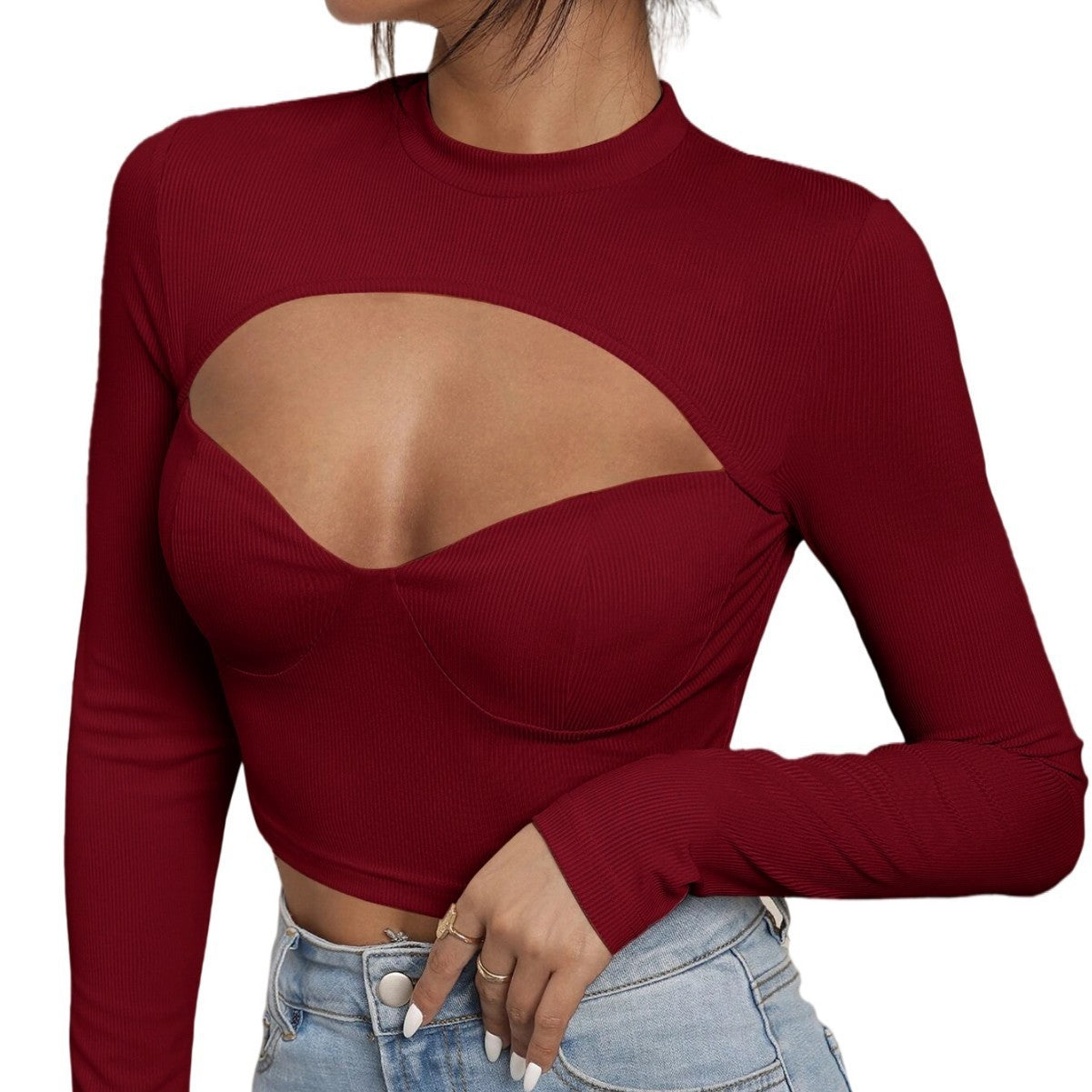 Sexy Slim-fit Hollow-out Bust Cup Short High-neck Long-sleeve Top For Women