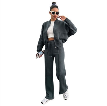 Women's Sports Suits Zipper Jacket And Wide Leg Pants Two-piece Set