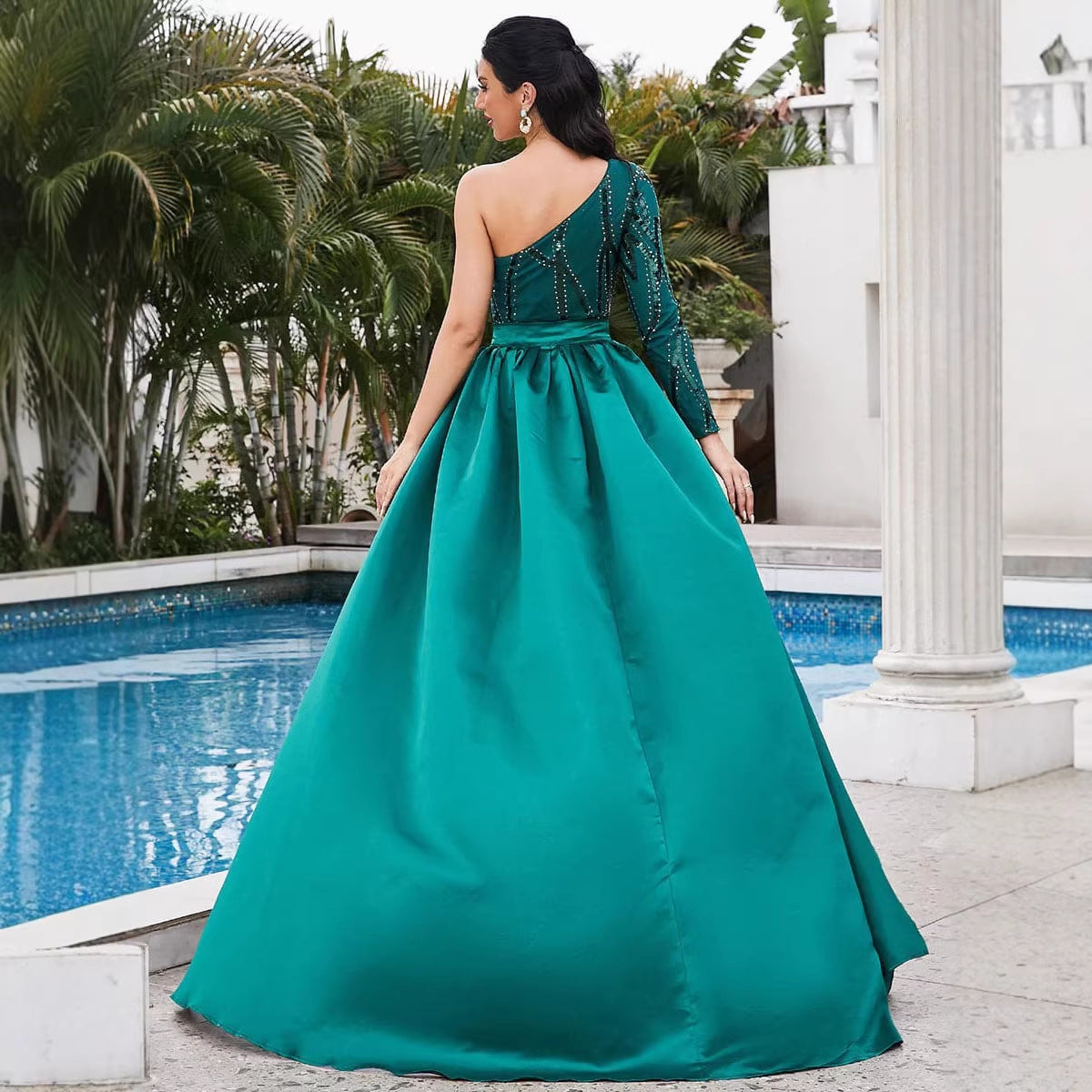 Mid-waist Off-the-shoulder Hostess Evening Gown Maxi Dress For Banquets