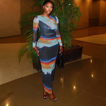 Printed Slim-fit Round-neck Long-sleeve Bodycon Dress For Women