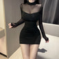 Mesh-panelled Long-sleeve Short Skirt Bodycon Sheath Dress For Women