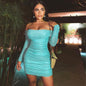 One-shoulder Pleated Mermaid Evening Dress Short Skirt Long Sleeve Dress
