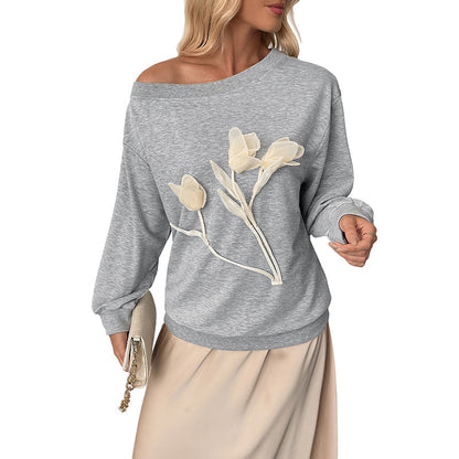 Women's Fashion 3D Flower Long Sleeve Off-Shoulder Top